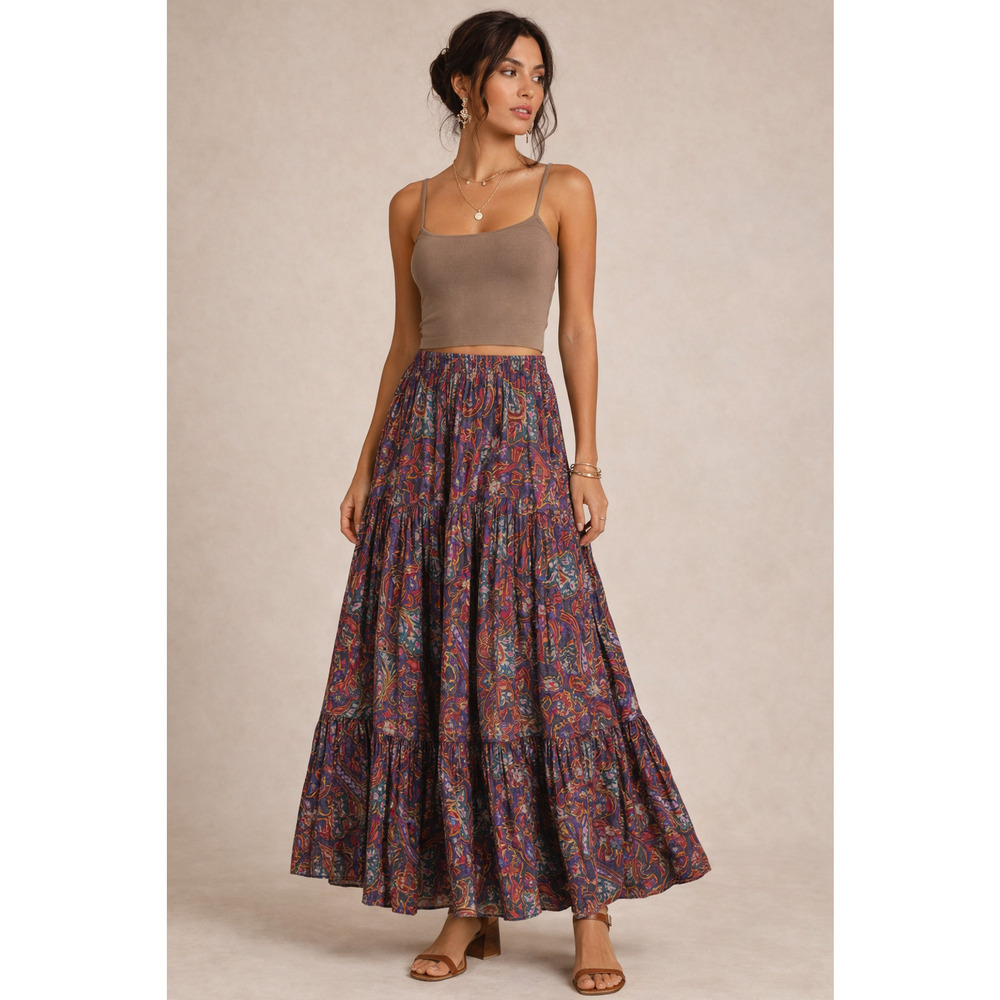 Vintage Crinkled Paisley Boho Broomstick Skirt Multi Color Sz 36 Small Boho Chic